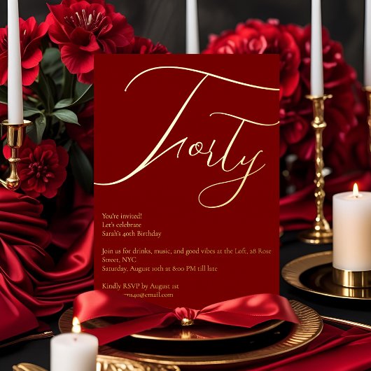 ブルゴーニュ&ゴールドフォイル40th誕生日招待状 箔招待状