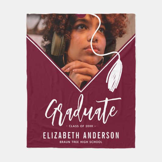 ブルゴーニュ・タッセルキャップ写真卒業 フリースブランケット (正面)