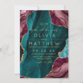 ブルゴーニュ、ターコイズ&金ゴールドアガ結婚トの写真 招待状 (正面)