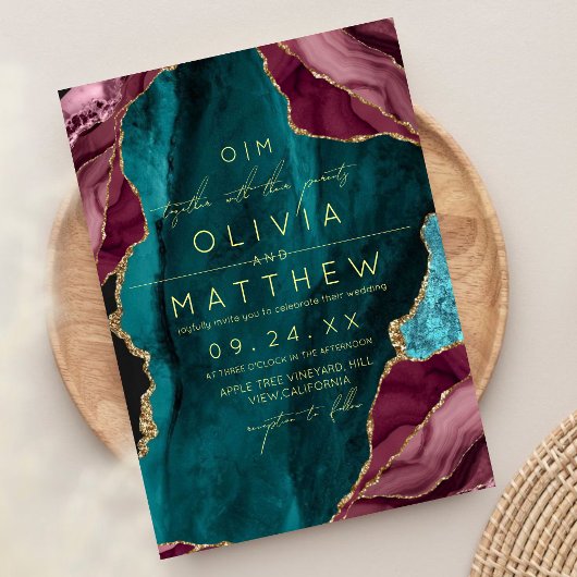 ブルゴーニュ、ターコイズ&金ゴールドアガ結婚トの写真 招待状
