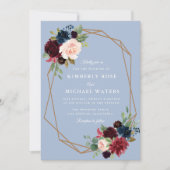 ブルゴーニュ&ダスティブルーフローラジオメトリック結婚ス 招待状 (正面)