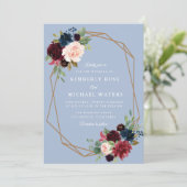 ブルゴーニュ&ダスティブルーフローラジオメトリック結婚ス 招待状 (スタンド正面)