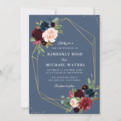 ブルゴーニュ&ダスティブルー金ゴールドジオメトリック結婚ス 招待状 (正面)