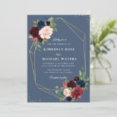 ブルゴーニュ&ダスティブルー金ゴールドジオメトリック結婚ス 招待状 (スタンド正面)