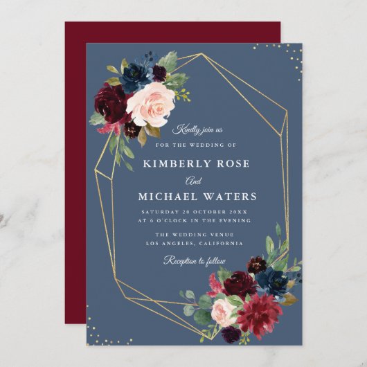 ブルゴーニュ&ダスティブルー金ゴールドジオメトリック結婚ス 招待状 (正面/裏面)