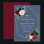 ブルゴーニュ&ダスティブルー金ゴールドジオメトリック結婚ス 招待状<br><div class="desc">フローラ結婚の中央に文字のある金ゴールド幾何学枠があるデザイン。水色のブルゴーニュとネイビーブルーの花は、秋の素朴なと冬のフローラのテーマに最適で結婚す。この結婚式招待状テンプレートの文言、文字のサイズとフォントと一緒に埃っぽい青とブルゴーニュの色を変更できる。</div>
