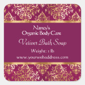 ブルゴーニュ・ダマスク&金ゴールドフォイル石鹸の化粧品ラベル4 スクエアシール (正面)