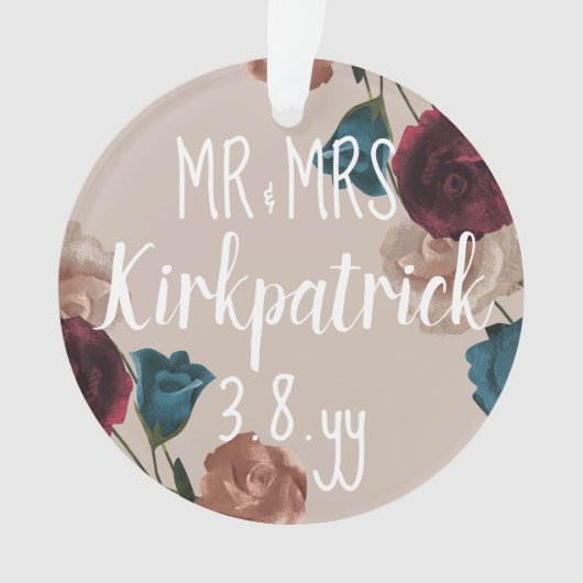 ブルゴーニュ，ティール（緑がかった色），ベージュの結婚バラクリスマスプレゼント オーナメント (正面)