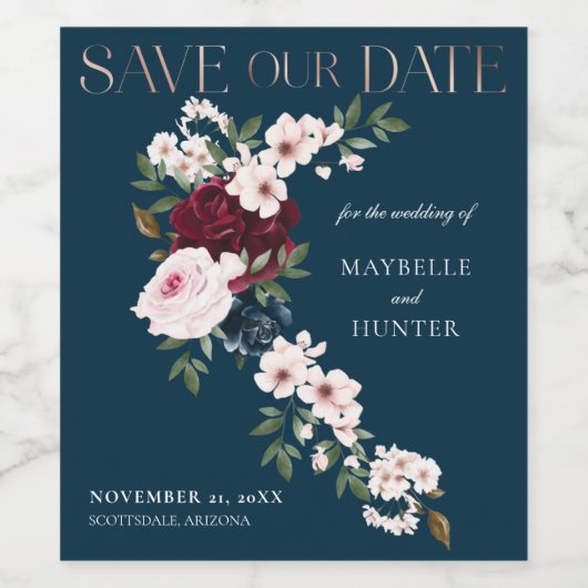 ブルゴーニュ&ネイビーの水彩色の花模様は日付を保存 ワインラベル (シングルラベル)