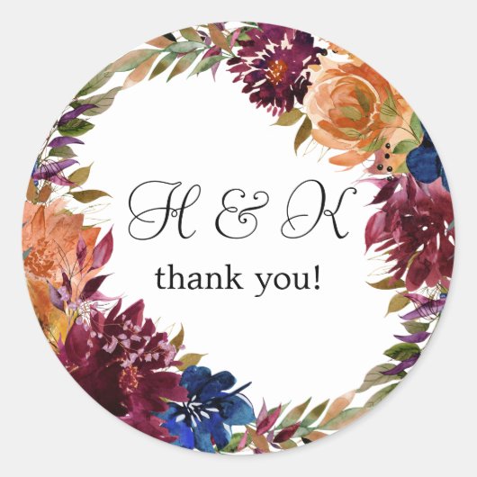 ブルゴーニュ&ネイビーオレンジ秋フローラモノグラム – ラウンドシール (正面)