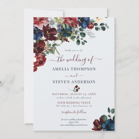 ブルゴーニュ&ネイビークラシックフローラ結婚ズ 招待状 (正面)