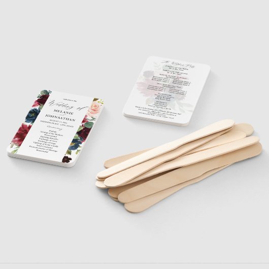 ブルゴーニュ&ネイビーピンク赤面フローラ結婚式 プログラム ハンドファン (組立なし)