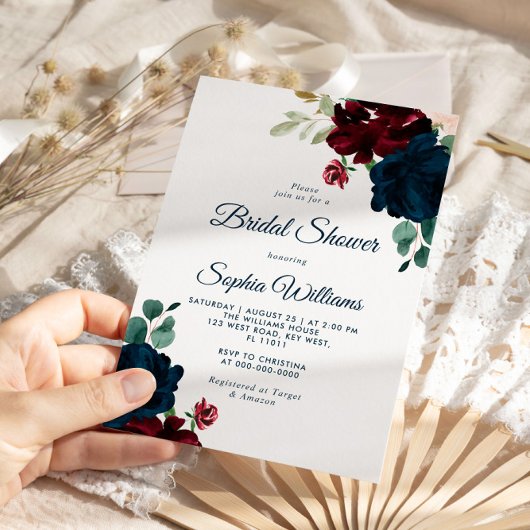 ブルゴーニュ&ネイビーフラワーズウッド素朴ブライダルシャワー 招待状