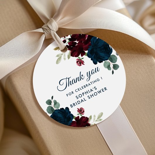 ブルゴーニュ&ネイビーフラワーズ素朴ブライダルシャワー フェイバータグ