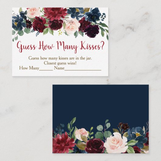 ブルゴーニュ&ネイビーフローラはゲームの数を推測キス プレイスカード (正面/裏面)