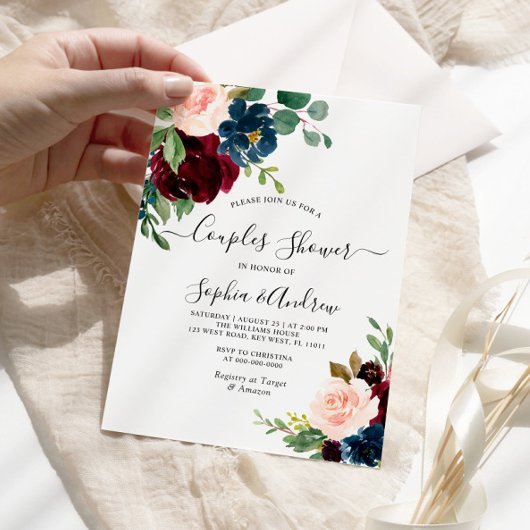 ブルゴーニュ&ネイビーフローラカップルシャワー招待状 招待状