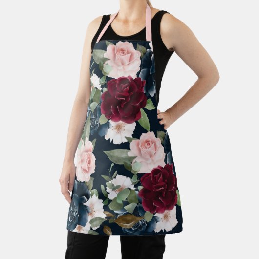 ブルゴーニュ&ネイビーフローラルパターンモノグラム海軍 エプロン (インサイチュ)