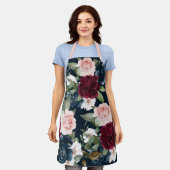 ブルゴーニュ&ネイビーフローラルパターンモノグラム海軍 エプロン (着用した状態)