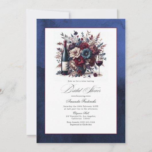 ブルゴーニュ&ネイビーフローラワインをテーマにしたブライダルシャワー 招待状 (正面)