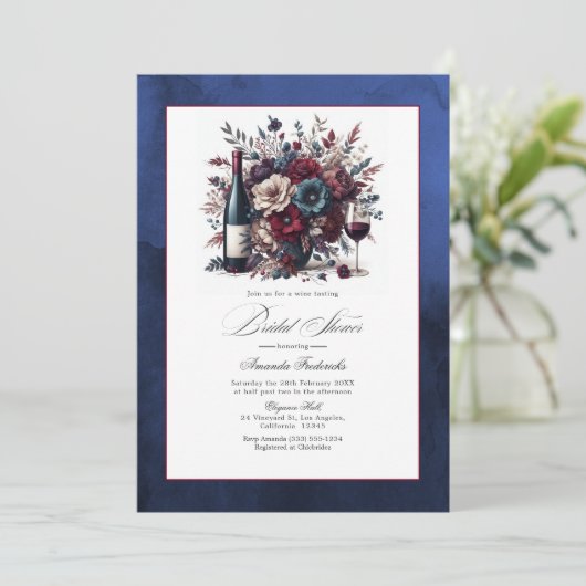ブルゴーニュ&ネイビーフローラワインをテーマにしたブライダルシャワー 招待状 (スタンド正面)