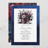 ブルゴーニュ&ネイビーフローラワインをテーマにしたブライダルシャワー 招待状 (正面/裏面)