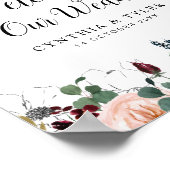 ブルゴーニュ&ネイビーフローラ結婚ウェルカム標識 ポスター (角)