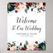 ブルゴーニュ&ネイビーフローラ結婚ウェルカム標識 ポスター (正面)