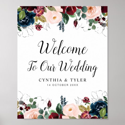 ブルゴーニュ&ネイビーフローラ結婚ウェルカム標識 ポスター (正面)