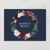 ブルゴーニュ&ネイビーフローラ結婚式RSVP ポストカード (正面)