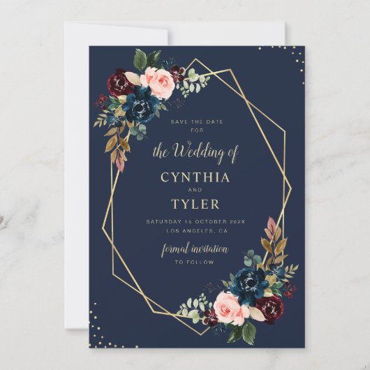 ブルゴーニュ&ネイビーブルーの幾何学的な日付のinviteを保存 招待状 (正面)