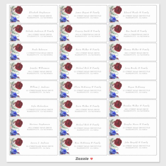 ブルゴーニュ&ネイビーブルーゲストネーム住所 シール (シート)