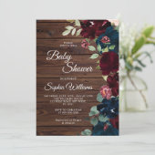 ブルゴーニュ&ネイビーブルーフラワーウッドベビーシャワー 招待状 (スタンド正面)