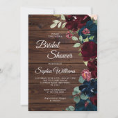 ブルゴーニュ&ネイビーブルーフラワーズウッドブライダルシャワー 招待状 (正面)
