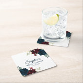 ブルゴーニュ&ネイビーブルーフラワーズ素朴ブライダルシャワー スクエアペーパーコースター (インサイチュ)