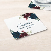 ブルゴーニュ&ネイビーブルーフラワーズ素朴ブライダルシャワー スクエアペーパーコースター (アングル)