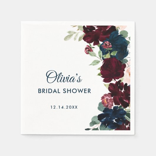 ブルゴーニュ&ネイビーブルーフラワーズ素朴ブライダルシャワー スタンダードカクテルナプキン (正面)
