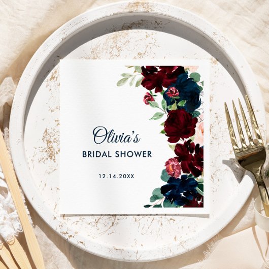 ブルゴーニュ&ネイビーブルーフラワーズ素朴ブライダルシャワー スタンダードカクテルナプキン