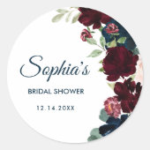 ブルゴーニュ&ネイビーブルーフラワーズ素朴ブライダルシャワー ラウンドシール (正面)