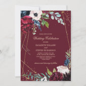 ブルゴーニュ |ネイビーブルーフローラジオメトリック結婚ス 招待状 (正面)