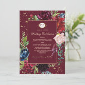 ブルゴーニュ |ネイビーブルーフローラ水色結婚の色 招待状 (スタンド正面)