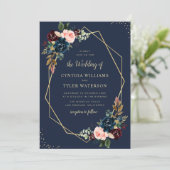 ブルゴーニュ&ネイビーブルーフローラ金ゴールドジオメト結婚リー 招待状 (スタンド正面)