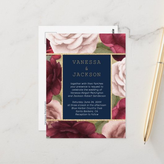 ブルゴーニュ&ネイビーブルー結婚式招待状 ポストカード (正面/裏面インサイチュ)