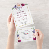 ブルゴーニュ&ネイビーブルー赤面牡丹フローラ結婚ズ オールインワン招待状 (貼ってはがせる)