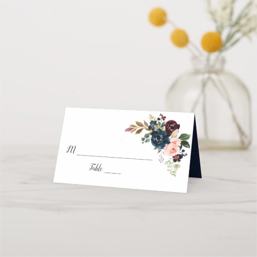 ブルゴーニュ、ネイビーブルー、赤面ピンクフローラ結婚ズ プレイスカード (正面)