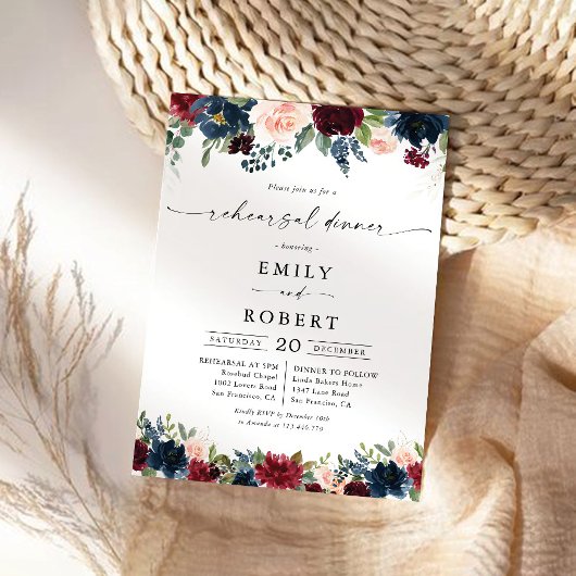 ブルゴーニュ&ネイビーリハーサルディナー招待状 招待状