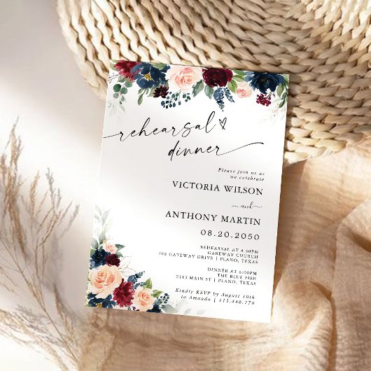 ブルゴーニュ&ネイビーリハーサルディナー招待状 招待状