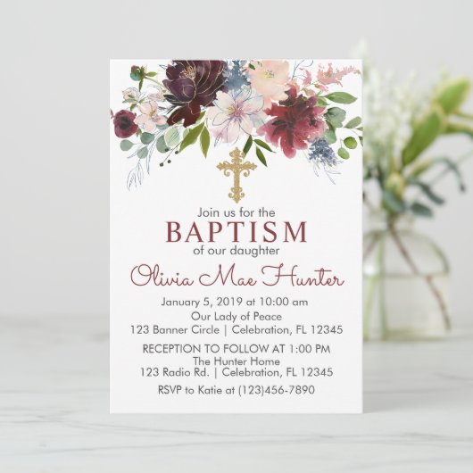 ブルゴーニュ&ネイビー冬花模様バプテスマ 招待状 (スタンド正面)