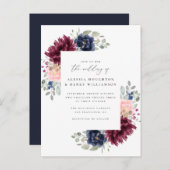 ブルゴーニュ&ネイビー水彩フローラコーナー結婚ズ インビテーションポストカード (正面/裏面)