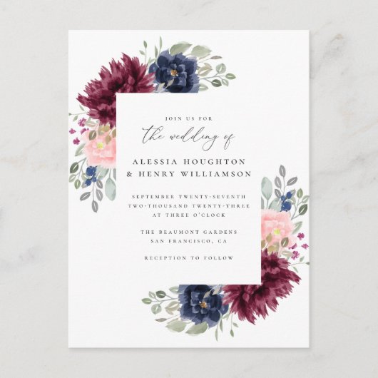 ブルゴーニュ&ネイビー水彩フローラコーナー結婚ズ インビテーションポストカード (正面)