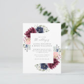 ブルゴーニュ&ネイビー水彩フローラコーナー結婚ズ インビテーションポストカード (スタンド正面)